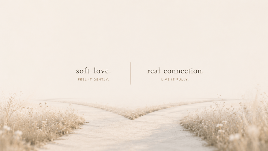 190 – WeShop AI Blog A minimalist, bright landscape photo of two paths diverging in a field of dry grass, bathed in soft, hazy light. Centered text overlays the image, reading "soft love. FEEL IT GENTLY." on the left and "real connection. LIVE IT FULLY." on the right, separated by a thin vertical line.