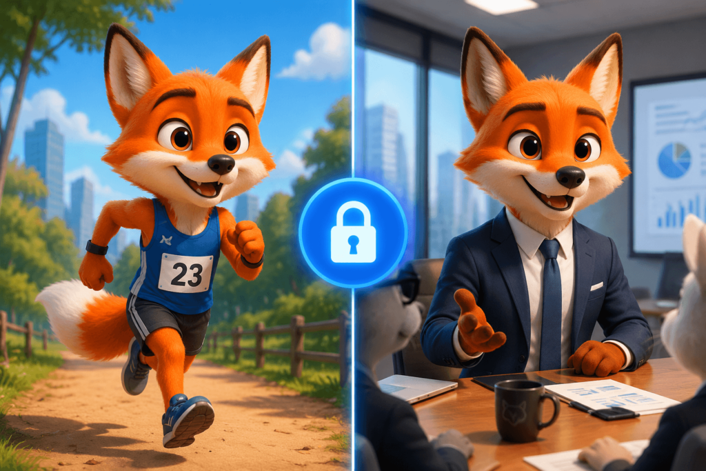 A split-screen comparison showing a consistent fox character in a running outfit and a business suit, created with Dzine AI's character lock feature.