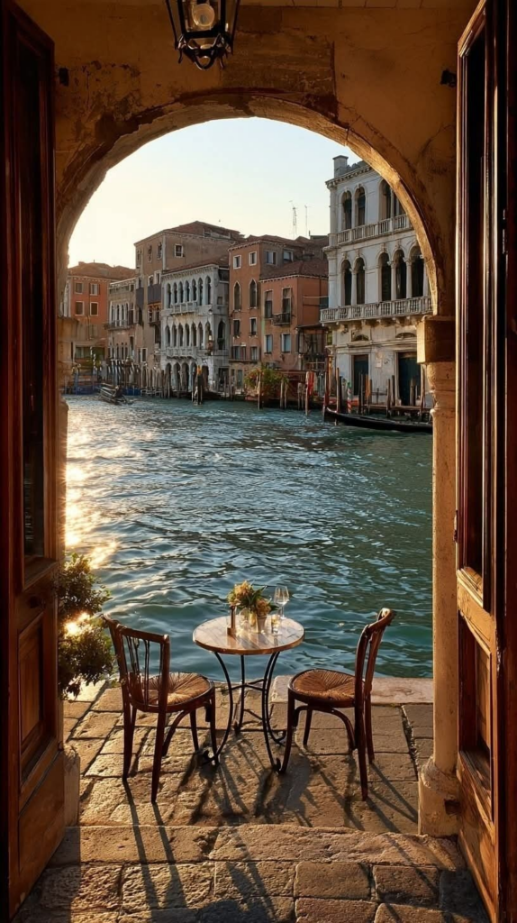 200 – WeShop AI Blog A romantic view of the Venice Grand Canal seen through a stone archway, with a small dinner table for two set by the water's edge at sunset.