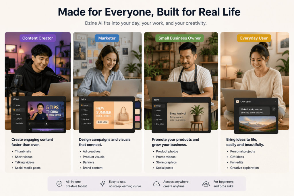 A lifestyle collage showing a content creator, marketer, small business owner, and everyday user each using Dzine AI in different real-life scenarios.