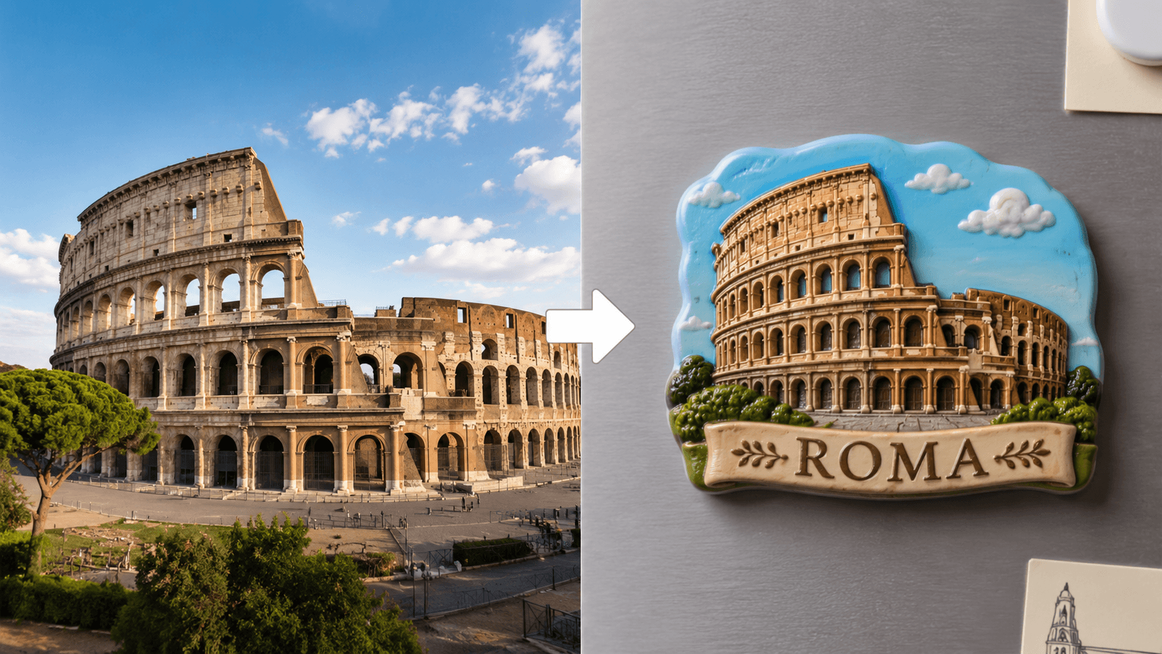 A side-by-side comparison showing a real photo of the Roman Colosseum on the left and an AI-generated 3D relief-style fridge magnet featuring the Colosseum and "ROMA" text on the right.