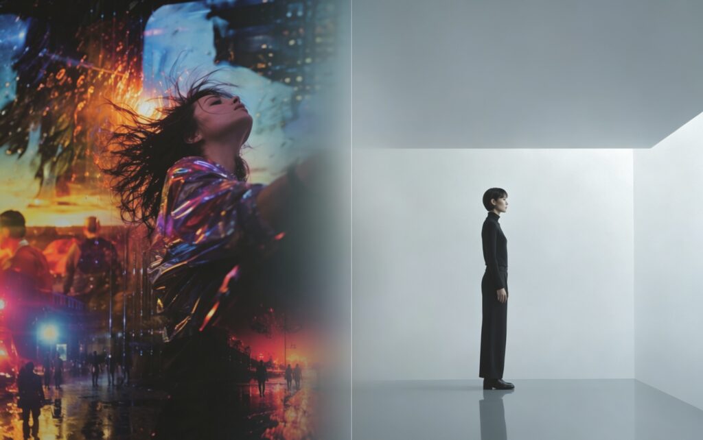 AI Generation Contrast: Expressive Vs. Minimalist – WeShop AI Blog A vertically split diptych image comparing two video styles. On the left, a dynamic, colorful, motion-blurred shot of a woman under colorful neon lights in a fiery urban landscape. On the right, a solitary woman in a black turtleneck standing in profile within a sterile, minimal, bright white rectangular room.