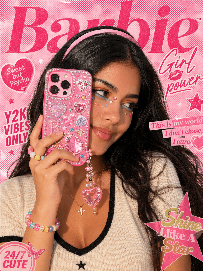 AI cover design featuring a woman holding a pink phone on a pink Barbie-themed magazine background with girlish text and stickers.