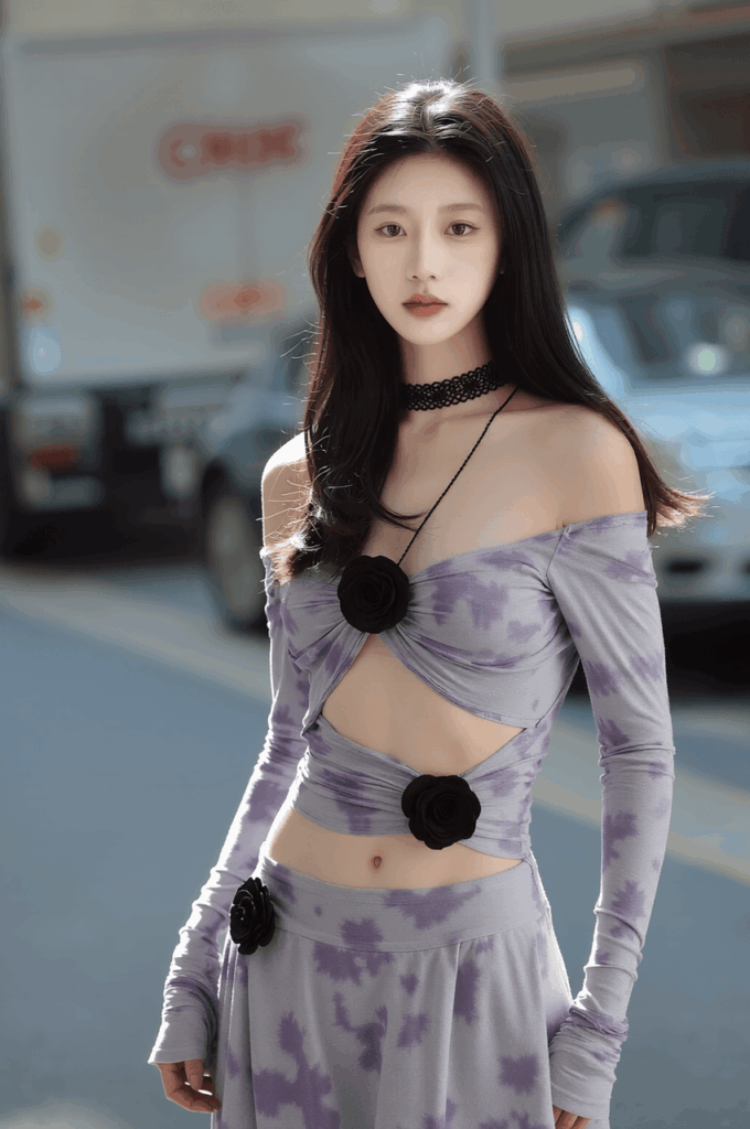 一位女性穿著薰衣草花紋套裝站在城市道路上的時尚肖像。