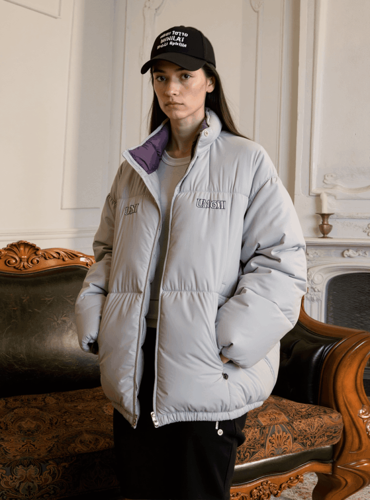 AI virtual try-on result showing an incorrect white puffer jacket instead of the target printed top, highlighting garment mismatch.