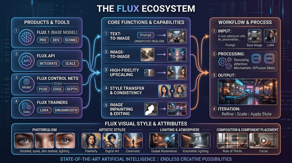333 – WeShop AI Blog A detailed technical infographic titled 'The FLUX Ecosystem,' showcasing the model's core functions including photorealistic generation, Control Nets for pose and depth, and LoRA training modules for artistic consistency.