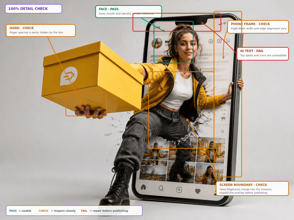 3d-out-of-screen-100-percent-check-annotated 1 – WeShop AI Blog Close-up quality check of hands, face, phone border, and screen crossing in a 3D AI poster