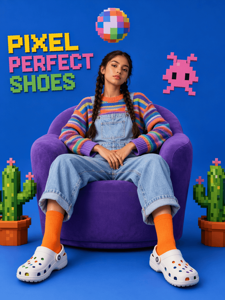 AI-generated social media cover showing a girl in a rainbow sweater sitting on a purple armchair with pixel art elements and blue background.