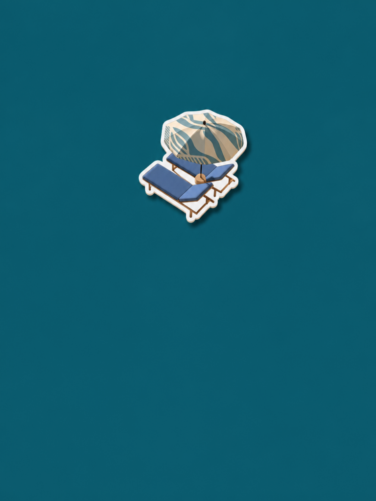 444 – WeShop AI Blog A clean, sticker-style AI fridge magnet icon of seaside lounge chairs and an umbrella with a white border, centered on a solid dark teal background.