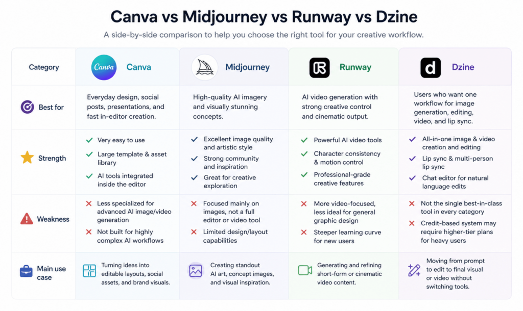 A comparison table showing Canva, Midjourney, Runway, and Dzine across best for, strengths, weaknesses, and main use case.