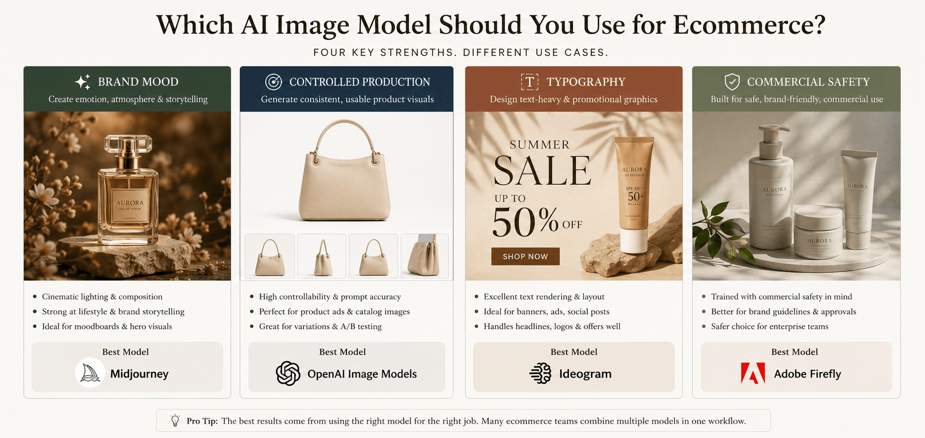 A professional infographic comparing four major AI models: Midjourney for brand mood, OpenAI for controlled production, Ideogram for typography, and Adobe Firefly for commercial safety.
