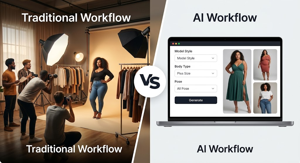 A split-screen visual comparing a busy traditional fashion photography studio (left) with a sleek digital laptop interface generating plus-size AI models (right). The center has a prominent 'VS' divider.