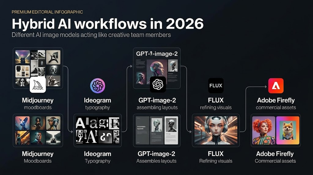 4f4b2331b13425b5b00466bbe6a0eeba – WeShop AI Blog A tech-magazine style infographic mapping different AI models to creative roles such as Mood, Typography, Layout, and Refinement.