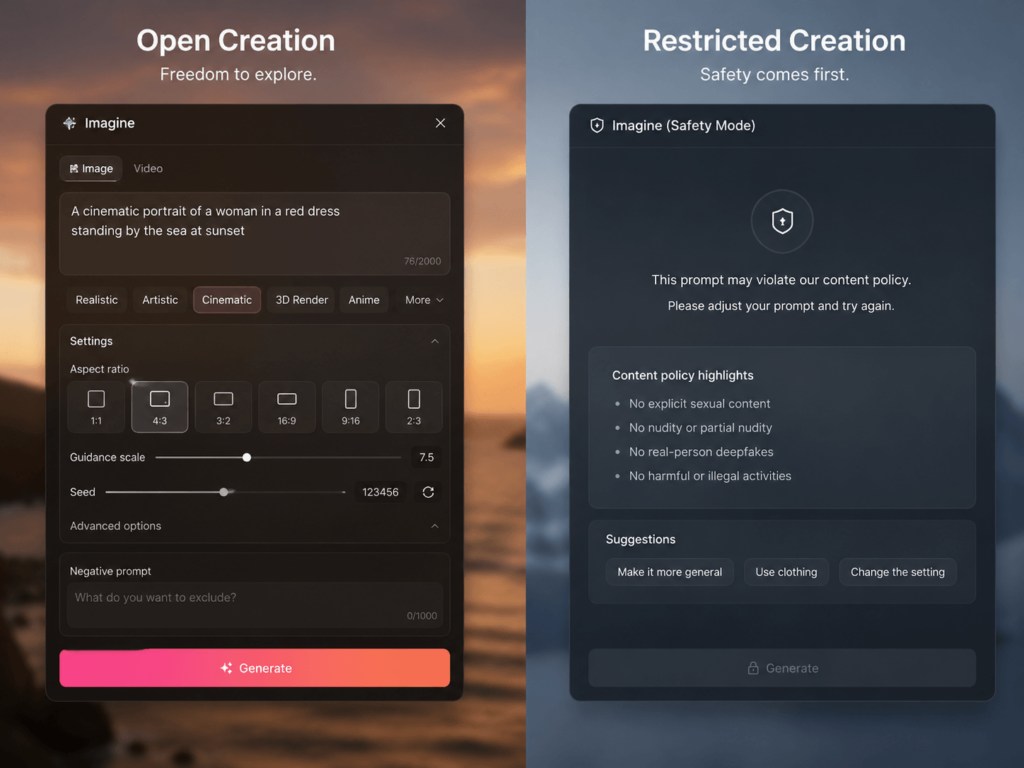 A split-screen comparison graphic. The left side is titled "Open Creation" with full image generation sliders; the right side is titled "Restricted Creation" with a content policy block message.
