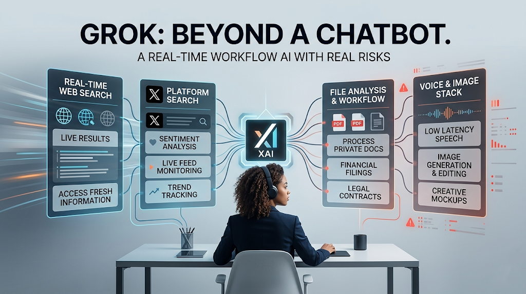 A high-tech conceptual layout showing a user from behind facing a workspace. Above the monitor, four transparent panels display Grok's capabilities: Real-Time Web Search, X Platform Stream, File/Contract Review, and Voice & Image Generation. The background is split into two zones: "Speed & Efficiency" on the left and "Risks & Boundaries" on the right, listing concerns like Misinformation and Privacy.