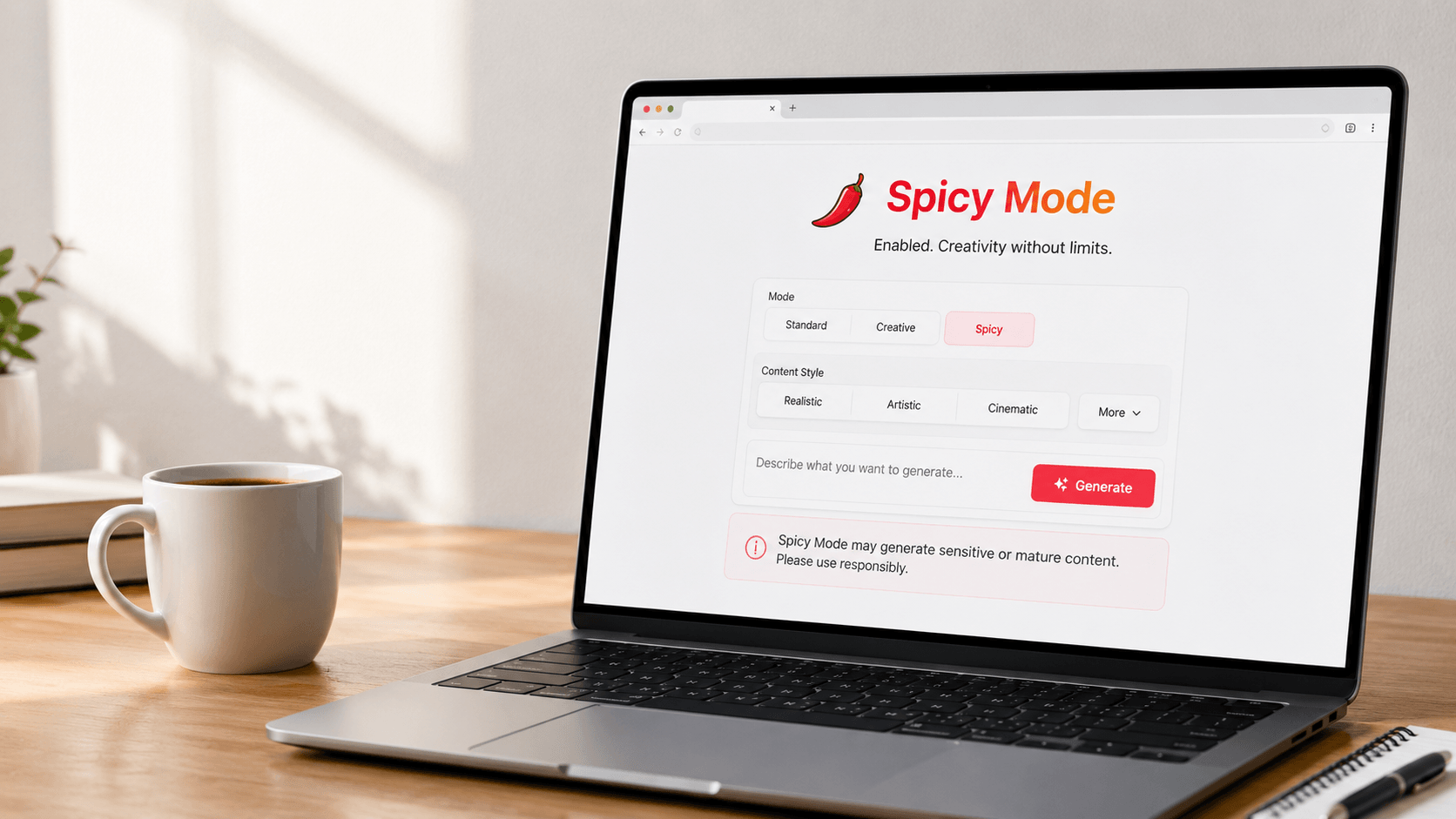 A high-angle shot of a laptop on a wooden desk displaying the Grok "Spicy Mode" interface, featuring a red chili icon and an "Enabled. Creativity without limits" tagline.