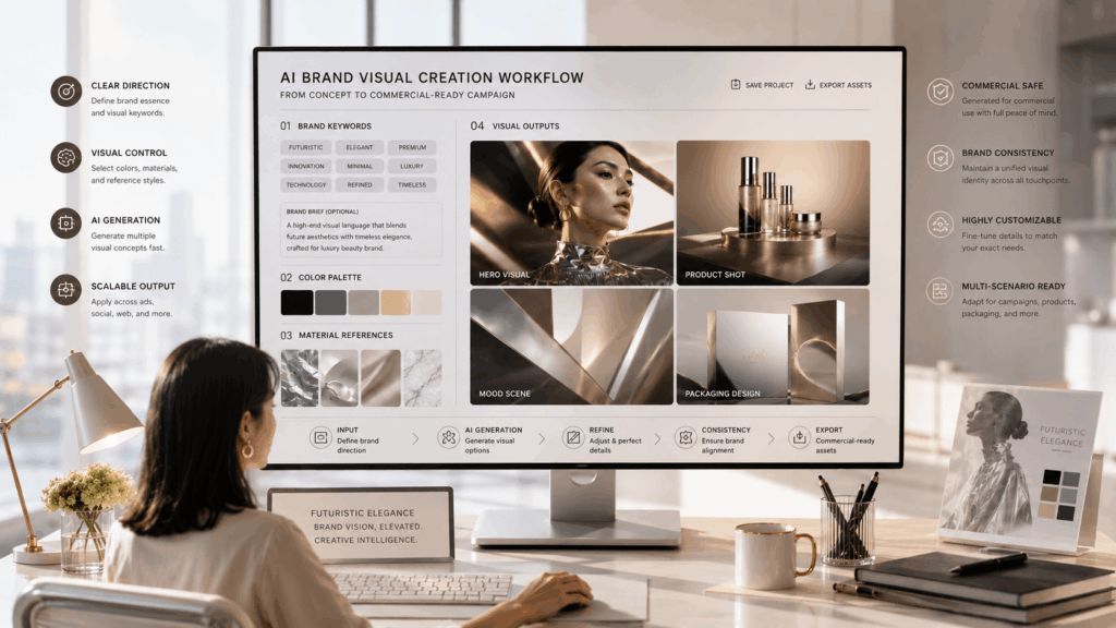 A female designer working at a desk with a large monitor displaying an "AI-Powered Brand Visual Workflow," featuring mood boards, color palettes, and four conceptual renders of luxury product packaging.