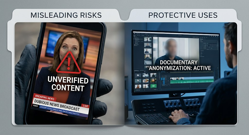 A split-screen graphic titled "Misleading Risks" and "Protective Uses," showing a fake news warning on a phone vs. professional identity masking on a monitor.