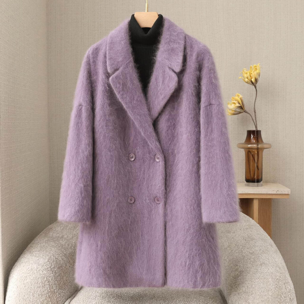 Original product image of a lavender fluffy wool coat on a hanger, used as the reference garment for texture-preserving AI virtual try-on.