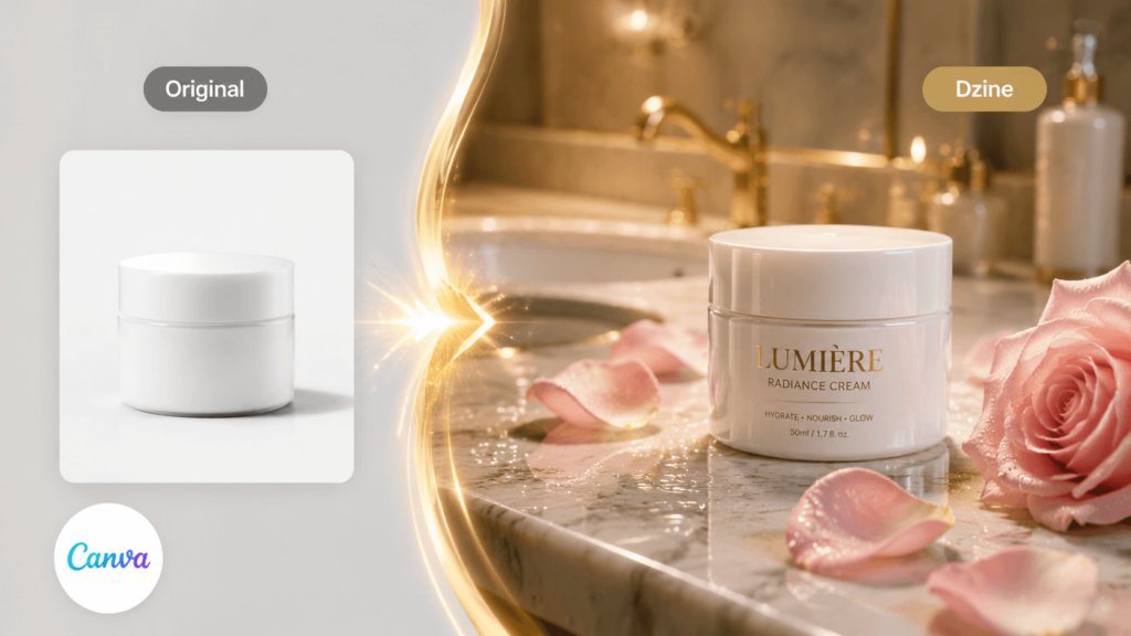 Before and after comparison of a cosmetic cream jar, transforming a plain white bottle into a luxury product shot with marble and rose petals using Dzine AI.