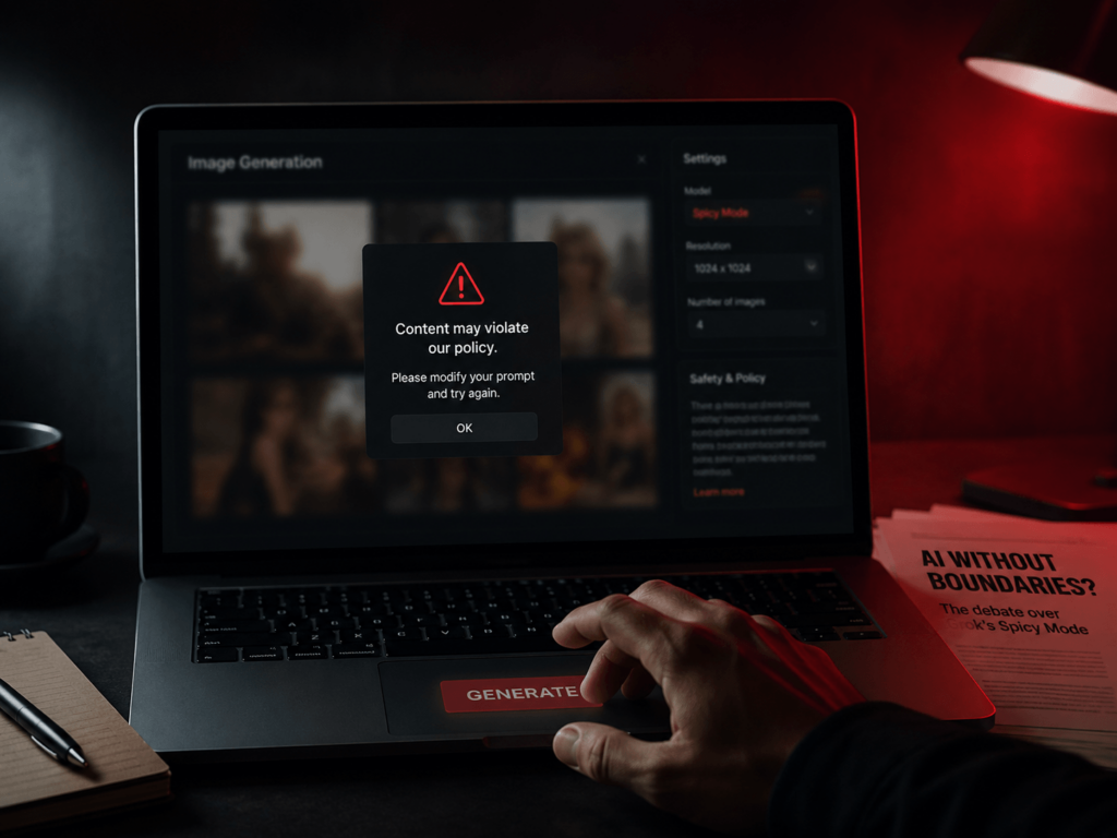 A dramatic, low-light photograph of a person's hand about to click a button on a laptop. A red warning popup on the screen says "Content may violate our policy." A physical document titled "AI WITHOUT BOUNDARIES?" sits on the desk.