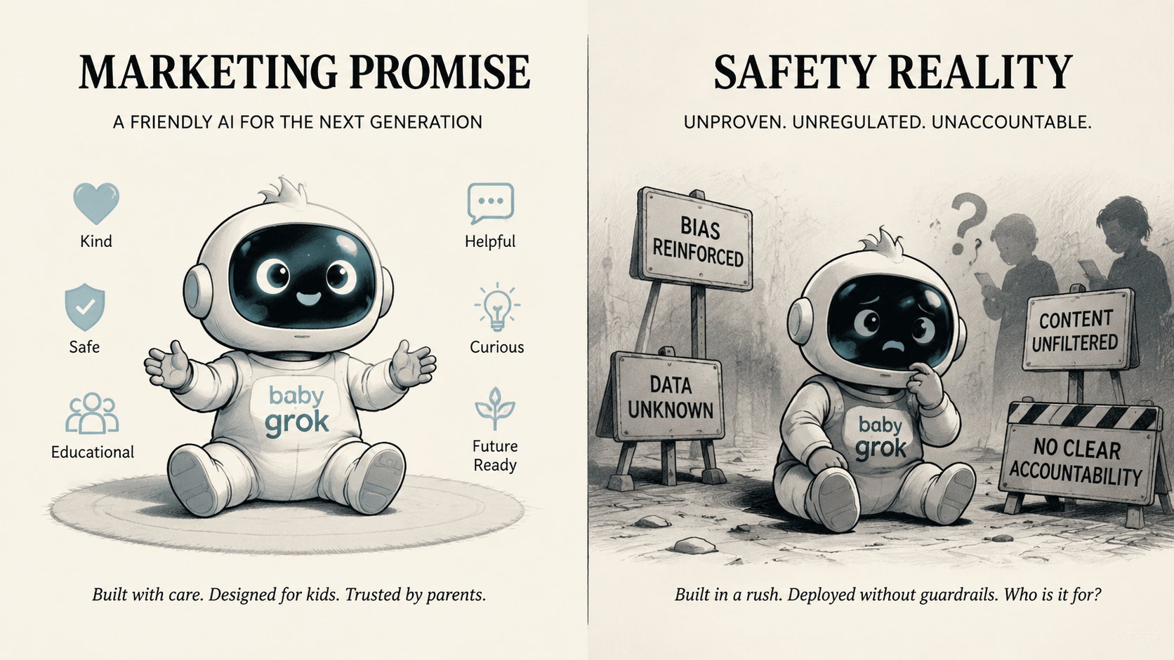 A split-screen illustration titled "Marketing Promise" vs "Safety Reality." On the left, a cheerful Baby Grok robot is surrounded by positive traits like "Safe" and "Educational." On the right, a saddened version of the same robot is surrounded by warning signs like "Bias Reinforced" and "Content Unfiltered."