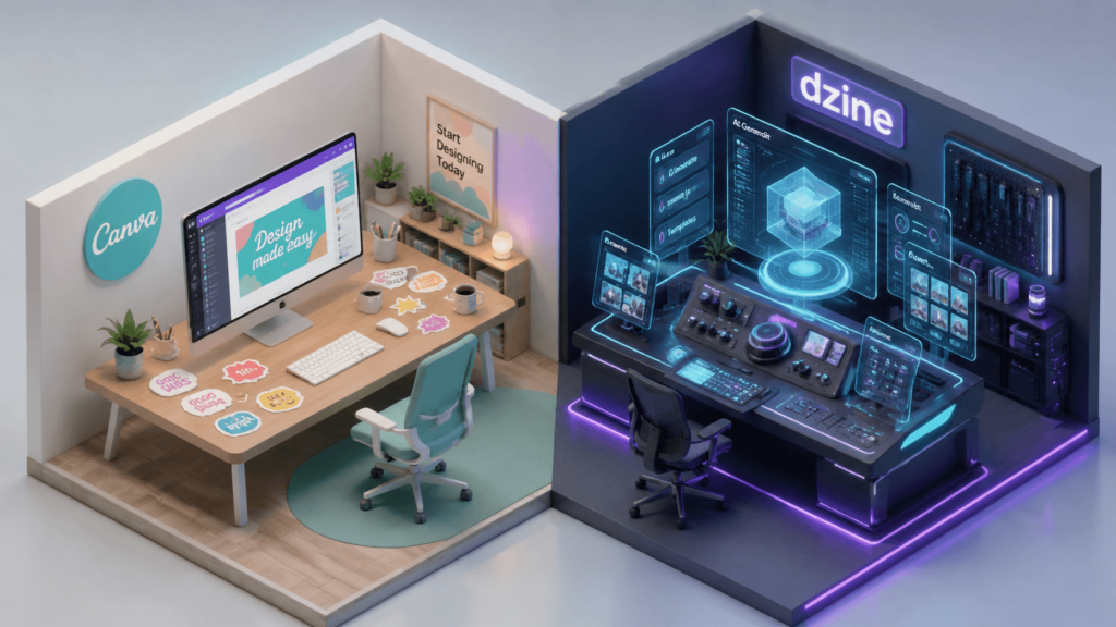 3D isometric view comparing Canva's simple template-based desk with Dzine AI's high-tech, futuristic professional control center.