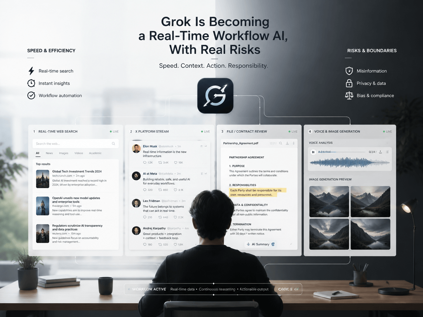 A high-tech conceptual layout showing a user from behind facing a workspace. Above the monitor, four transparent panels display Grok's capabilities: Real-Time Web Search, X Platform Stream, File/Contract Review, and Voice & Image Generation. The background is split into two zones: "Speed & Efficiency" on the left and "Risks & Boundaries" on the right, listing concerns like Misinformation and Privacy.