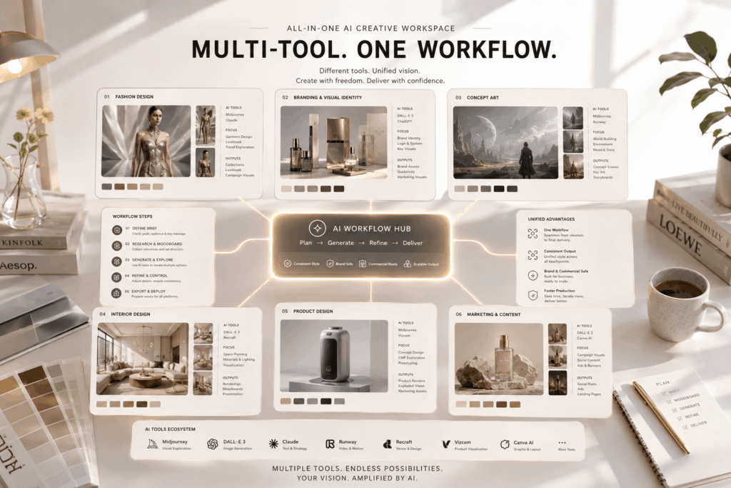 A top-down view of a modern workspace with an info-map titled "Multi-Tool. One Workflow." showing AI applications in fashion, branding, concept art, interior design, and product design.