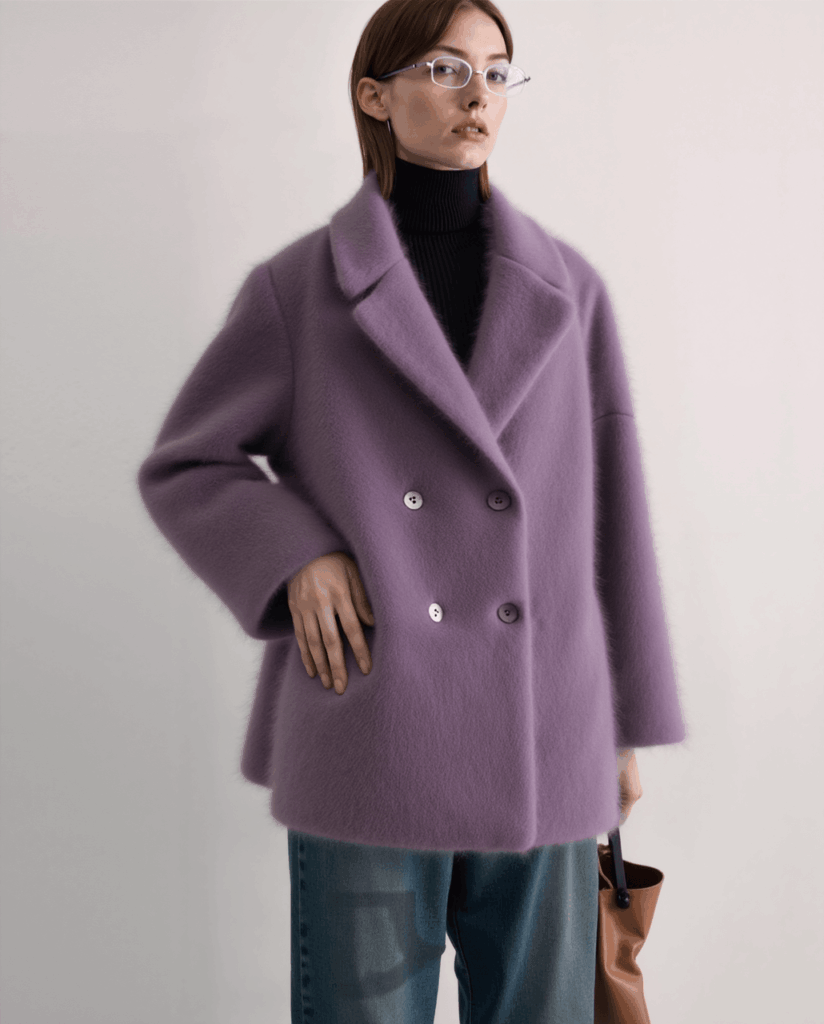 AI virtual try-on result showing the lavender coat with correct color but reduced fluffy texture and softened fabric details.