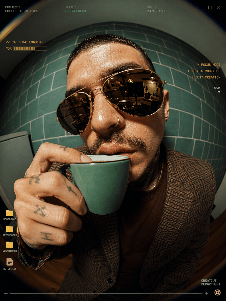 Fish-eye perspective photo of a man in aviator sunglasses drinking coffee from a turquoise cup, featured as an urban creative department poster.