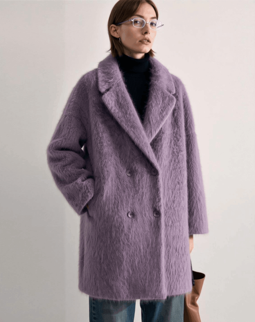 Improved AI virtual try-on result showing the lavender fluffy coat with preserved color, fuzzy texture, and realistic material detail.