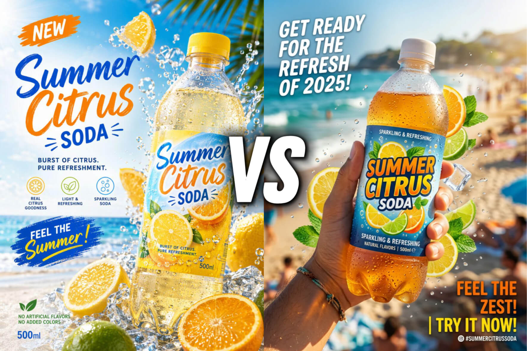 A side-by-side comparison collage featuring GPT-Image-2 on the left and Nano Banana 2 on the right, showcasing a diverse range of AI-generated results including realistic portraits, citrus soda posters, and detailed character design sheets.