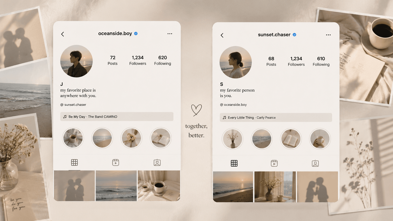 Two side-by-side Instagram profile mockups titled 'oceanside.boy' and 'sunset.chaser'. They feature matching ocean-themed profile pictures and bios that complete each other. The background is a collage of polaroids showing silhouettes of a couple, dried flowers, and coffee, all in a warm beige palette.
