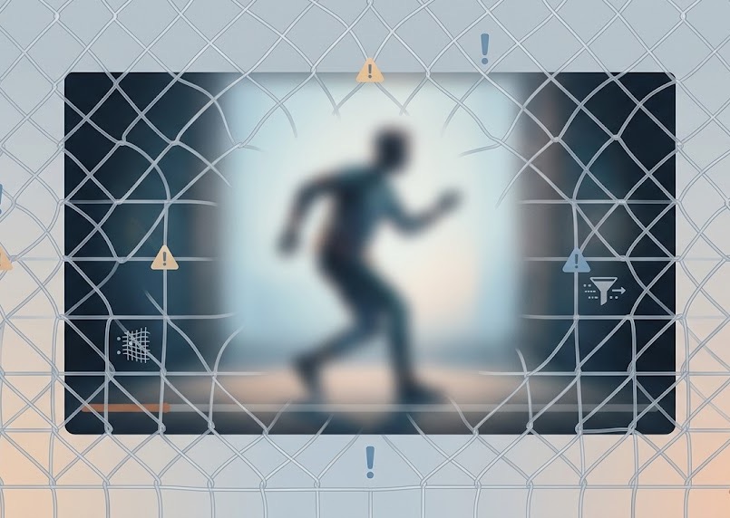 A conceptual editorial image featuring a blurred video preview seen through a semi-transparent wireframe safety grid, accompanied by subtle warning icons and filter symbols to represent content boundaries.