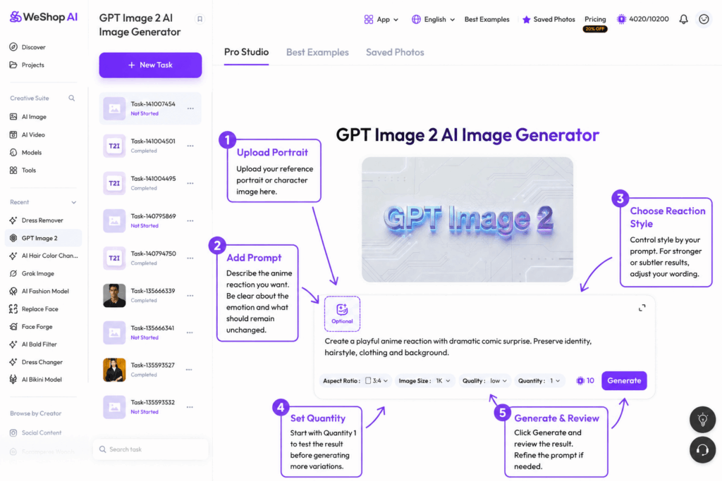 WeShop AI Text and Image MIX interface for creating an exaggerated anime reaction image