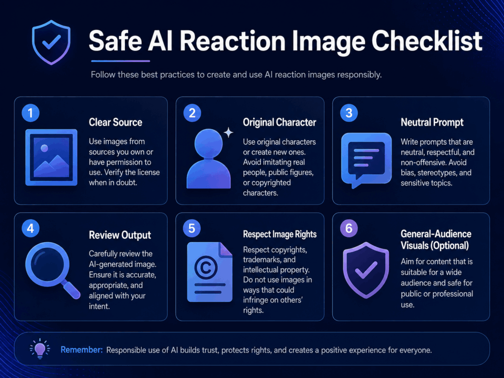 Safe AI Reaction Image Checklist infographic showing clear source, original character, neutral prompt, review output, respect image rights, and general-audience visuals.