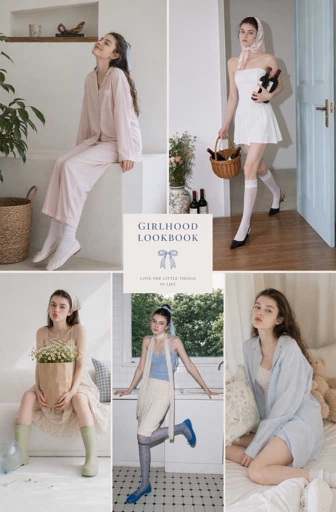 Aesthetic lifestyle clothing collage titled Girlhood Lookbook displaying five warm cream and pastel toned AI generated fashion photos with a minimalist bow logo.