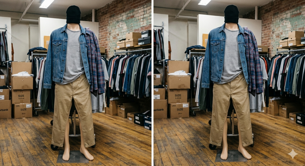 A side-by-side comparison of a person walking on a city sidewalk wearing a denim jacket, beanie, and khaki pants.