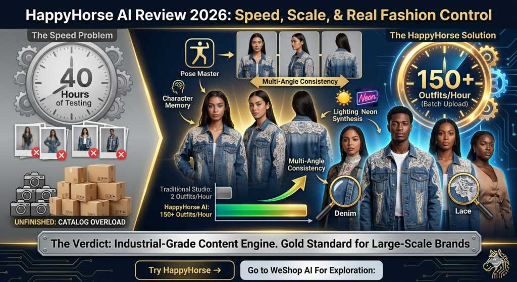 Gemini_Generated_Image_i9vc0wi9vc0wi9vc – WeShop AI Blog Promotional graphic for HappyHorse AI Review 2026, showcasing high-speed batch uploading, pose control, and lighting synthesis for large-scale e-commerce fashion brands. Includes close-up examples of realistic denim and lace textures.