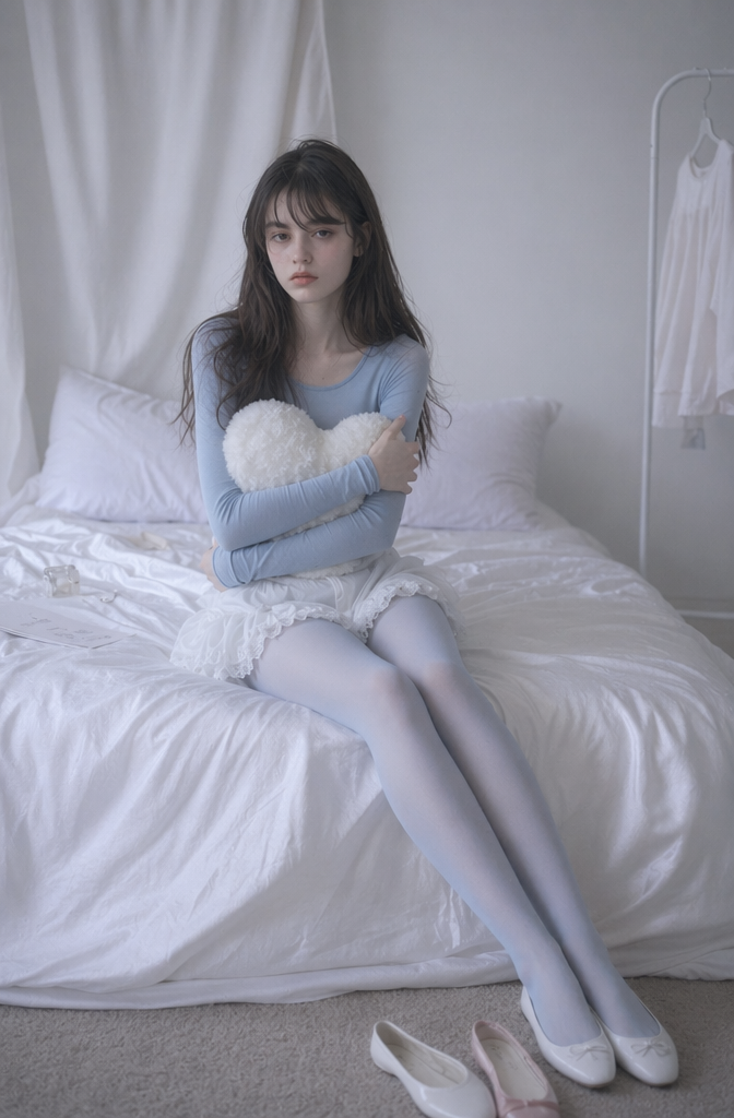 Dreamy bedroom scene prompt result from GPT Image generator showing an AI model holding a white heart pillow on a rumpled white bedsheet.