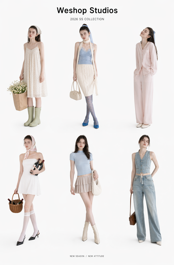 Seamless e-commerce fashion catalog layout titled Weshop Studios 2026 SS Collection showing six distinct realistic AI fashion outfits with perfect character consistency.