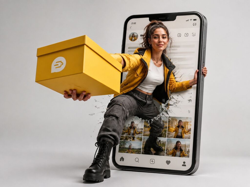 Task-140794750-1-1 – WeShop AI Blog First AI-generated poster showing a character beginning to break through a smartphone screen