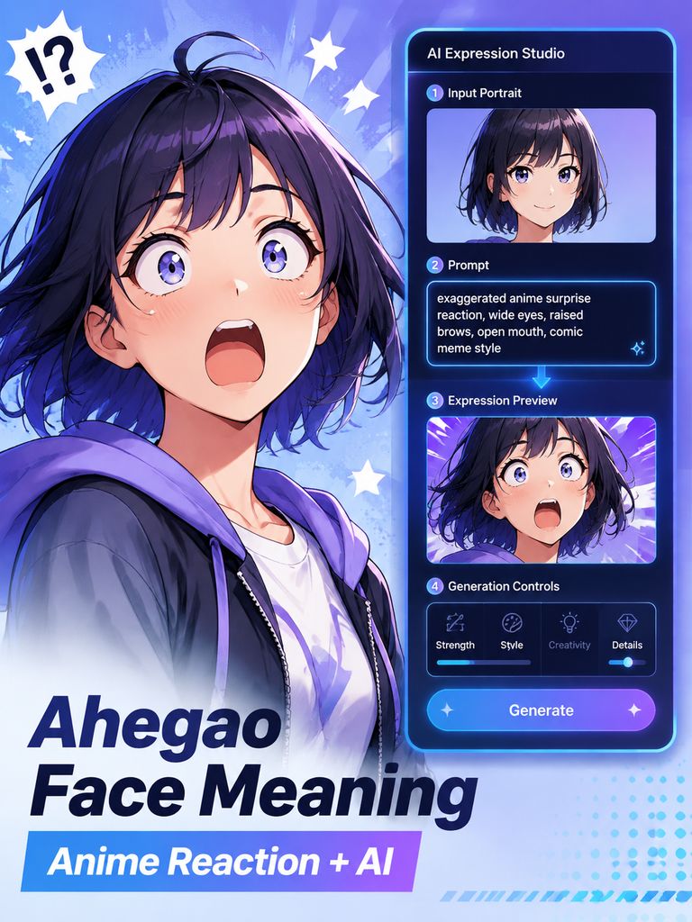 Ahegao face meaning illustrated with a safe anime reaction and AI expression editing interface.