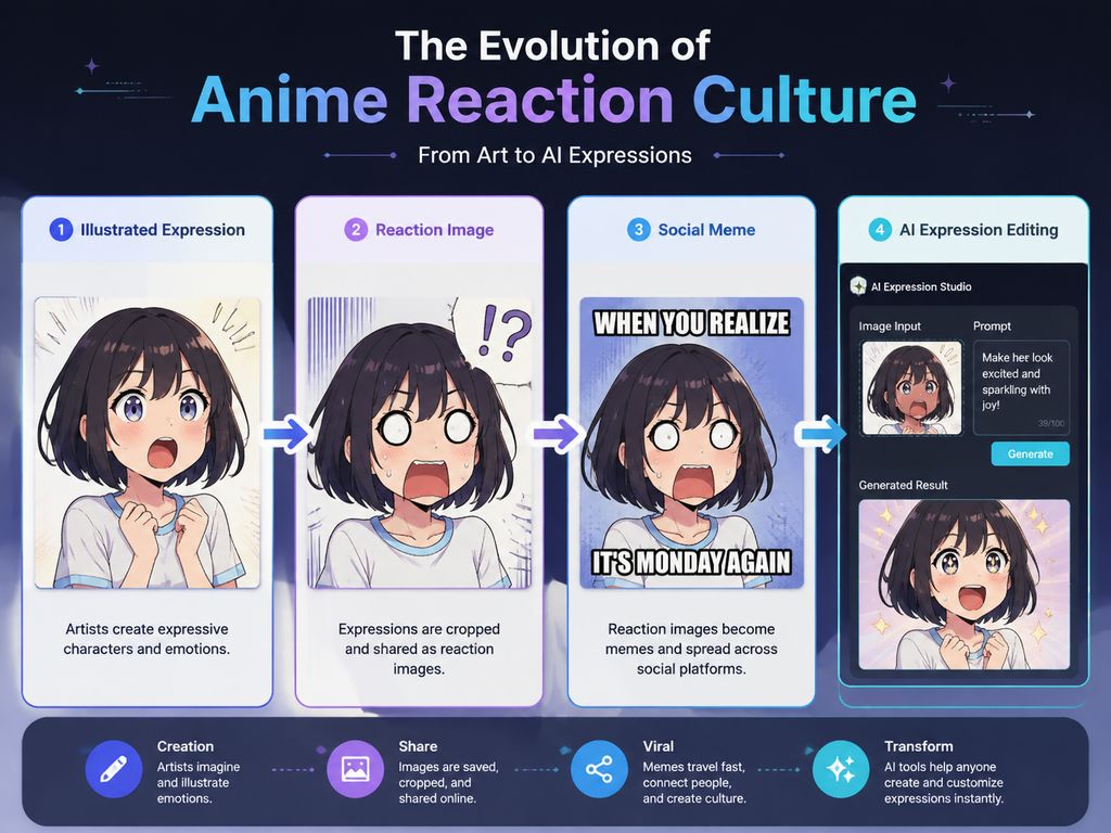 How anime reaction faces evolved from illustrated expressions into internet memes and AI-generated reaction art
