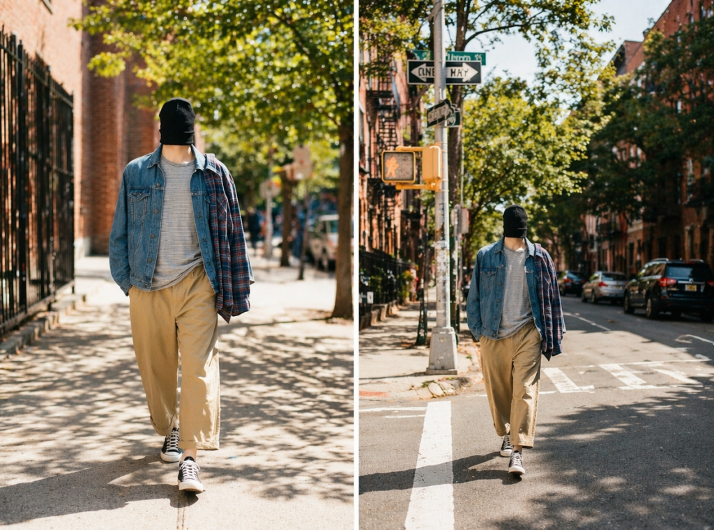 Lifestyle photos of an urban outfit featuring a layered denim jacket and oversized chinos on a sunny street.