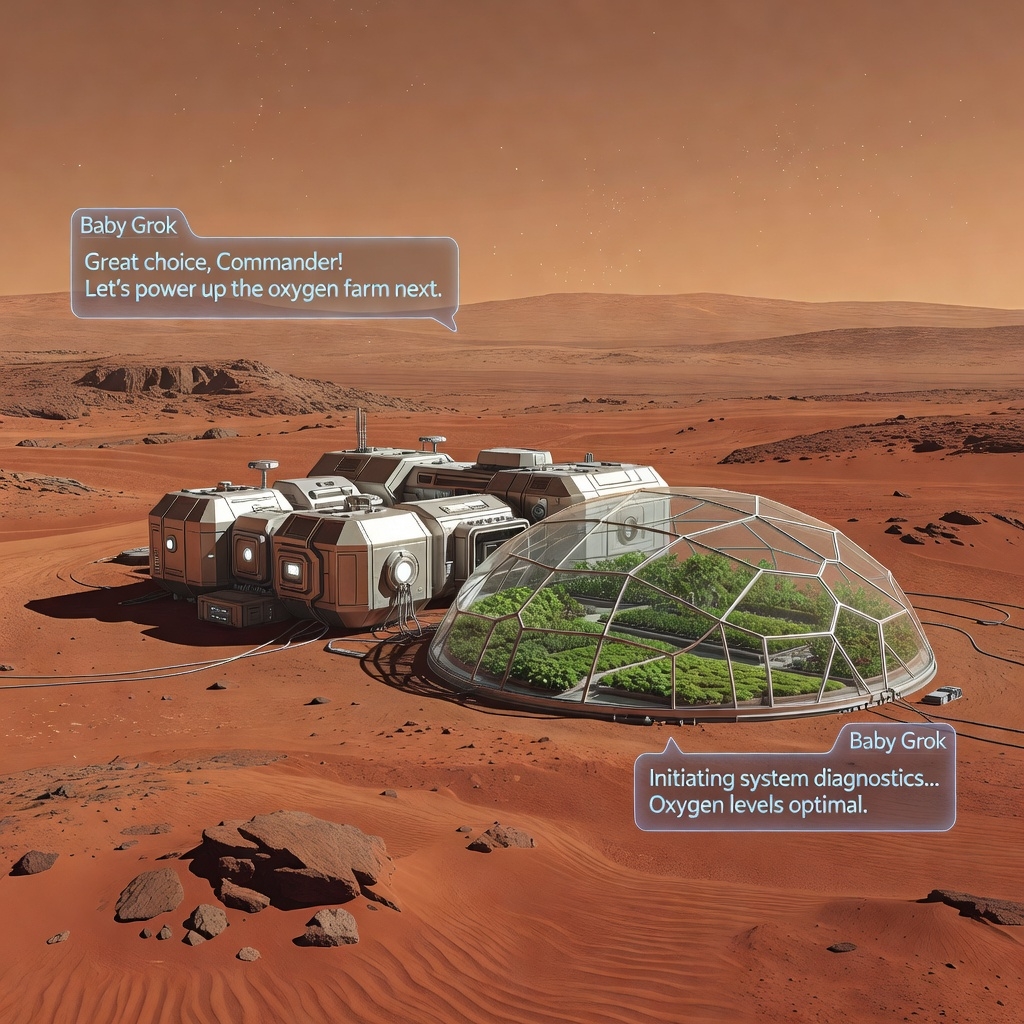 Task-89199949-1-1 – WeShop AI Blog A realistic 3D render of a Mars base with a glass biodome and modular habitats, featuring digital dialogue bubbles from "Baby Grok" assisting the commander.