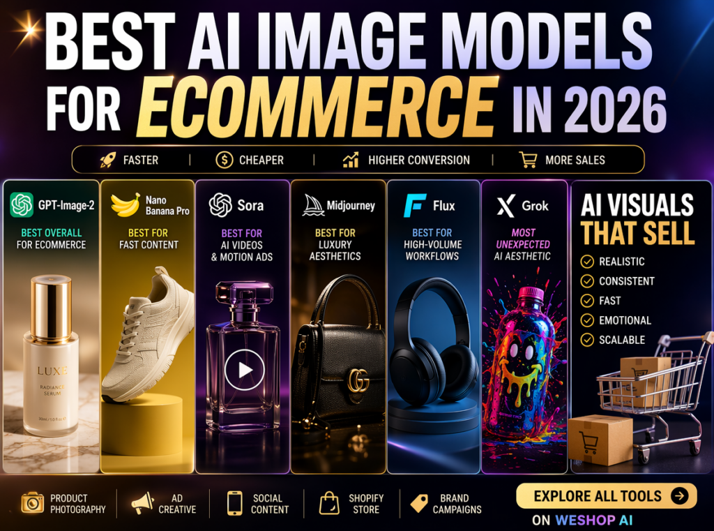 A guide to the best AI image models for ecommerce in 2026, featuring a comparison of tools like Midjourney and Nano Banana Pro with examples of AI-generated luxury goods and product photography.
