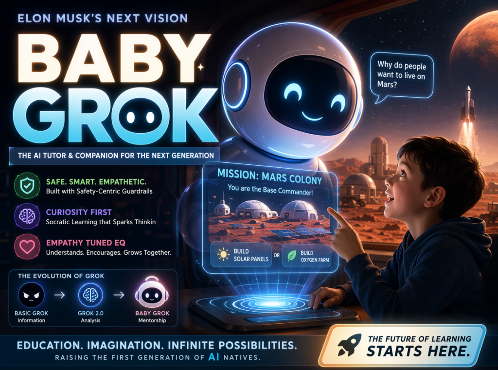 Task-89507622-3-1 – WeShop AI Blog An Elon Musk-themed poster featuring Baby Grok, a friendly AI tutor helping a child build a virtual Mars colony.