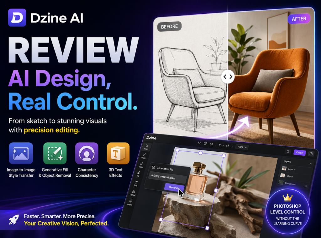 An advertisement for Dzine AI, highlighting its "AI Design, Real Control" capabilities. The image showcases transformation from sketch to stunning visuals and includes screenshots of the generative fill editing tool for precision control.